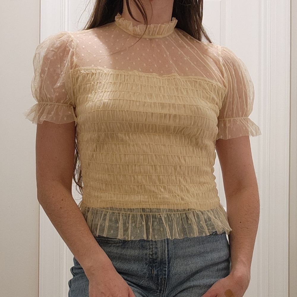 Cream Cottagecore Sheer Smocked Women's Ruffle Top